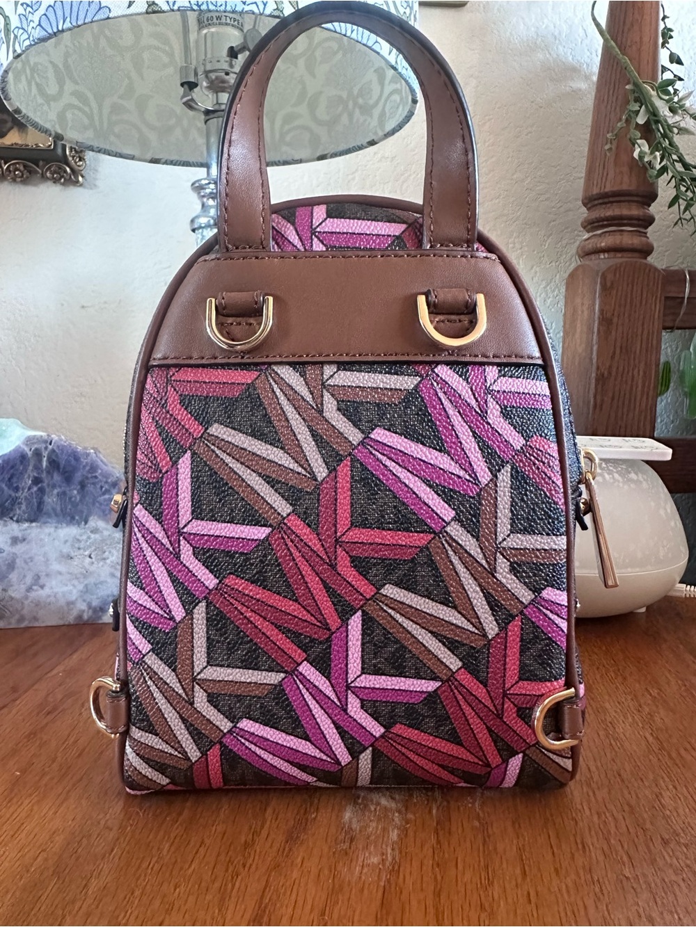 Michael Kors Pink & Brown Geometric Monogram Mini Backpack/Crossbody - Picture 2 of 4